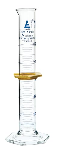 Graduated Cylinder, 50mL - ASTM, Class A Tolerance ±0.25mL - Protective Collar, Hexagonal Base - Blue Graduations - Borosilicate 3.3 Glass - Eisco Labs - size: 50mL