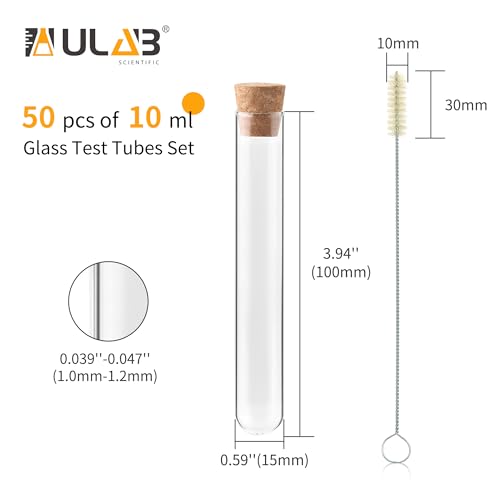ULAB Scientific 50pcs 10ml Round Bottom Glass Test Tubes Set, 3.3 Borosilicate Glass, Dia.15x100mm, Packed with Stoppers and Brush, UTT1024 - style: 50pcs 10ml Glass Test Tubes with Stopper and Brush