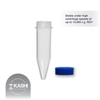 Kashi Scientific 5mL Screw Cap Conical Centrifuge Tubes, Sterile Test Tubes with Blue Lids, Lab-Grade Polypropylene Plastic, Printed Graduation and Write-on Spot [5mL Screw Cap, 100] - size: 5mL, Screw Cap