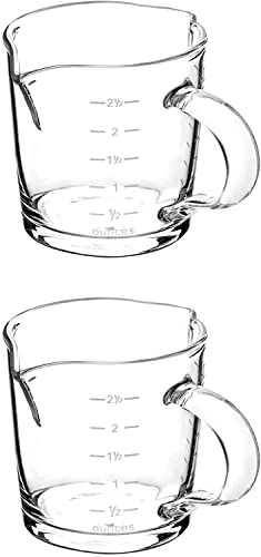 QWORK Espresso Shot Glass with Handle, 2 Pack 3-Ounce Double Spout Glass Measuring Cup Triple Pitcher Milk Cup with Two Scales (OZ&ML)