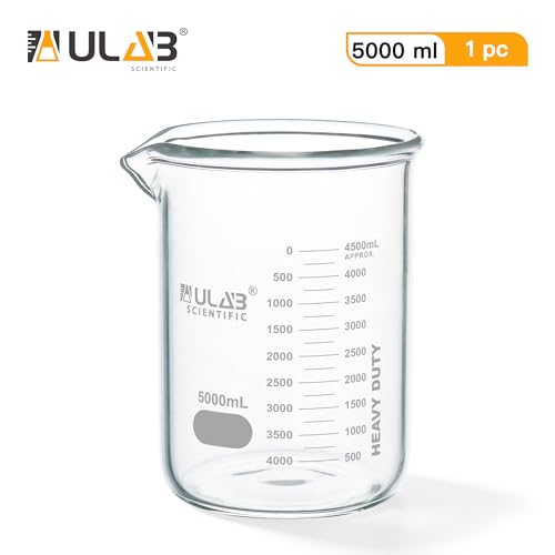 ULAB Low Form Glass Beaker, Vol.5000ml, 3.3 Borosilicate Glass, Printed Graduation, UBG1024 - style: Vol.5000ml, Pack of 1