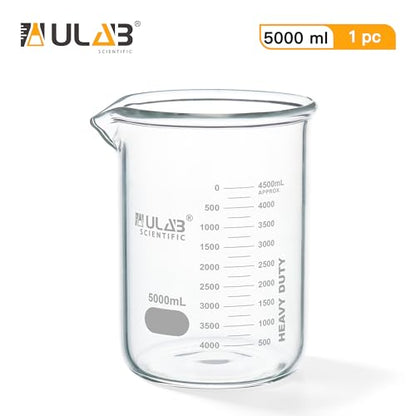 ULAB Low Form Glass Beaker, Vol.5000ml, 3.3 Borosilicate Glass, Printed Graduation, UBG1024 - style: Vol.5000ml, Pack of 1