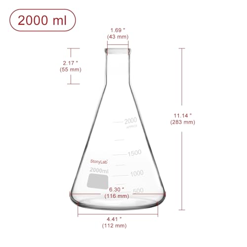 stonylab Erlenmeyer Flasks, 2 Pack 2000 ml Narrow Mouth Heavy Wall Borosilicate Glass Erlenmeyer Flask Laboratory Glassware - size: 2000 ml