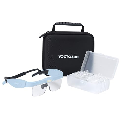 YOCTOSUN Magnifying Glasses for Close Work with 3 LED Lights, Storage Case, Head Strap and 5 Detachable Lenses 0.75X,1.25X,2.0X,3.0X 4.0X, Headset Magnifier for Jewelry, Hobby & Crafts - color: Blue With Storage Case
