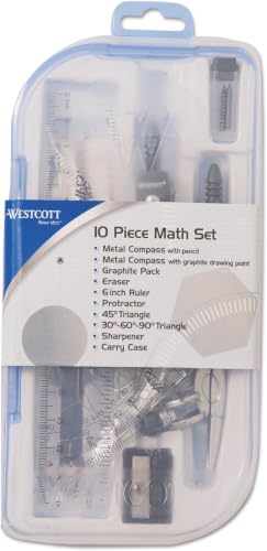 Westcott 10-Piece Math Set for Students, Includes 2 Compasses, Protractor & Ruler, Back to School, Classroom, School Supplies, Geometry Practice, Durable Storage Case
