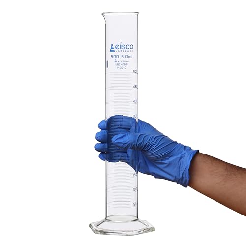Graduated Cylinder, 500ml - Class A Tolerance ±2.50ml - Hexagonal Base - Blue Graduations - Borosilicate 3.3 Glass - Eisco Labs - size: 500mL