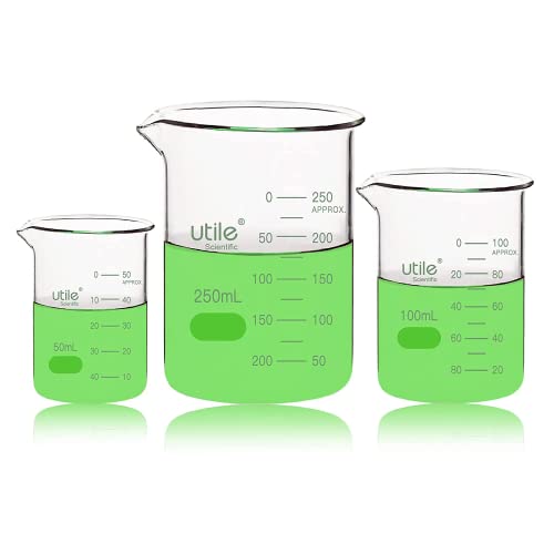 Utile Beaker Set, Low Form Glass Beakers, 3 Sizes of Vol.50ml 100ml 250ml, 3.3 Borosilicate Glass with Double Scale Printed Graduation, 4099.0004.1 - style: 50/100/250ml
