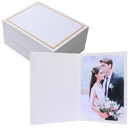 50 Count Photo Folders for 4x6 or 5x7 Pictures,Paper Picture Frames,Cardboard Greeting Photo Frame Cards for Graduation Wedding Birthday Classroom DIY (White with Gold Trim) - style: 50CT - White