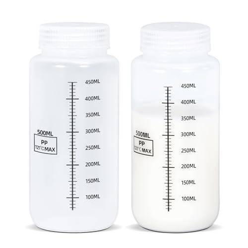 17oz/500ml Wide Mouth Plastic Bottles with Airtight Lids, Graduated Food Grade Leak Proof PP Containers Jars for Water Sample Lab Reagent Liquid Medicine Storage (Transparent, 2 Pcs) - color: Transparent, size: 17oz