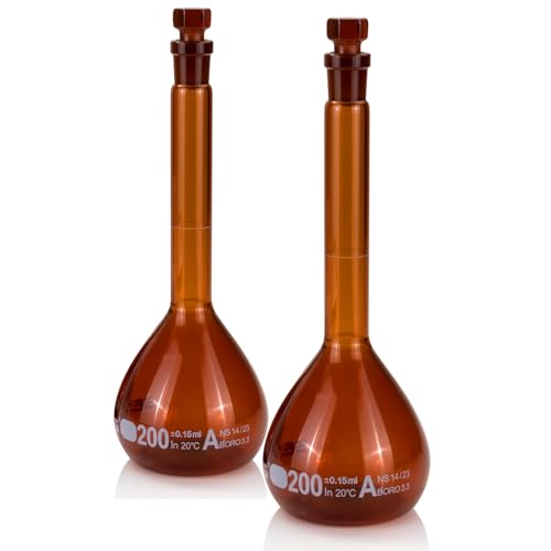 200 ml Volumetric Flask,Amber,3.3Borosilicate Glass,Class A,NS14/23 Glass Stopper,Laboratory Project (Pack of 2) - color: Amber, size: 200ml