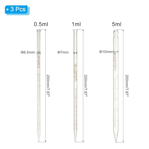 PATIKIL Graduated Dropper Pipettes Kit, 3 Pack 0.5ml/1ml/5ml Borosilicate Glass Pipette with Rubber Squeeze Bulb for Transfer Liquid for Lab, Chemistry - size: 0.5ml/1ml/5ml