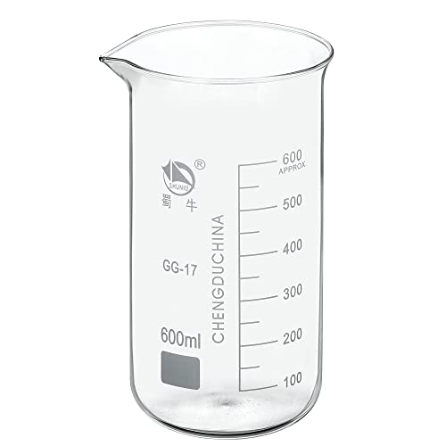 PATIKIL 600ml Tall Form Glass Beaker, 3.3 Borosilicate Glass Graduated Printed Scale Measuring Cups with Spout for Kitchen Lab Liquids Transit Boiling - size: 600ml