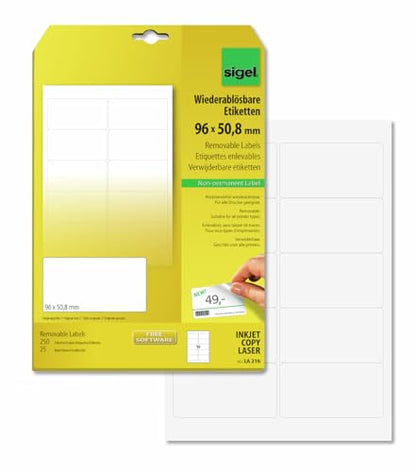 Sigel LA216 Removable Labels, 3.78 x 2 inches, White, 250 Labels - style: format 9,6 x 5,08 cm