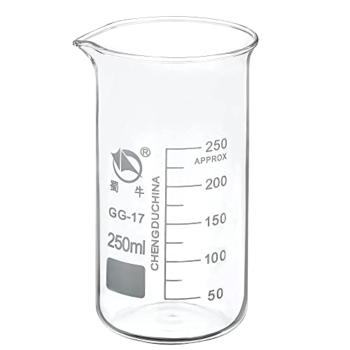 PATIKIL 250ml Tall Form Glass Beaker, 3.3 Borosilicate Glass Graduated Printed Scale Measuring Cups with Spout for Kitchen Lab Liquids Transit Boiling - size: 250ml
