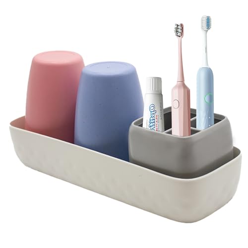 Kids Toothbrush Holder with Rinse Cups, Electric Toothbrush & Toothpaste Storage Holder, Bathroom Accessory Set for Home, Dorm and Hotel Use - color: Blue & Red