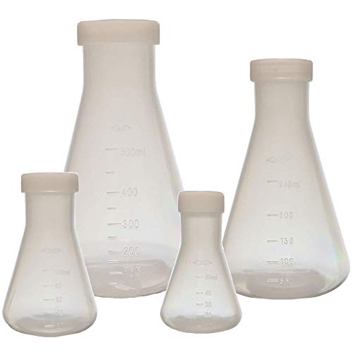 Plastic Erlenmeyer Flask Set with Screw Caps - 4 Sizes - 50, 100, 250, and 500ml, Polypropylene, Molded Graduations, Karter Scientific 252N9 - size: 4-Piece Set, style: SET