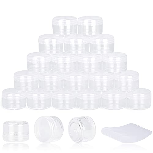 100PCS 5 Gram Sample Containers, 5ml Empty Jars with Lids, Small Cosmetic Containers, Mini Sample Jars with 8PCS Mini Spatulas for Make Up, Oils, Lotion, Powder, Paint, Jewelry, Lip Balms(Clear Lid) - color: Clear, size: 100 Count