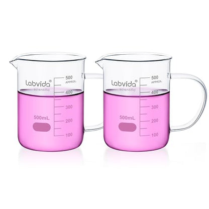 2pcs Beakers with Handle, 500ml, 3.3 Borosilicate Glass, Griffin Low Form Beaker Mug with Printed Graduation, LVAT001 - color: 2PCS of Vol. 500ml