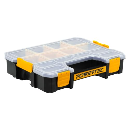 POWERTEC Small Parts Organizer & Tool Box – 14 Compartments, Stackable Storage with Interlocking Latch, Removable Dividers, Clear Lid, Portable Design (72364) - color: Stackable Tool Box Medium, size: 14 Compartments