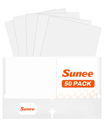 SUNEE Two Pocket Folders, 50 Pack File Folders with Business Card Slot, Textured Paper, Fit Letter Size Paper, Paper File Folder for School Office Home Business, White - color: White