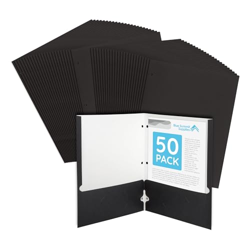 Blue Summit Black Folders with Pockets, Paper Black Pocket Folders with Business Card Holder, 3 Hole Punched, for Documents, Presentation, School, and Child Classes, Assorted Colors, 50 Pack - color: Black