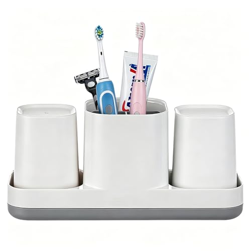 Toothbrush Holder with Cups and Toothpaste Organizer, Bathroom Storage for Electric Toothbrushes, Bathroom Accessories Set for Kids and Families, Practical Bathroom Counter Organizer, White - color: White