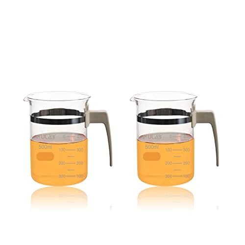 Glass Beaker with Handle, Vol. 500ml, 3.3 Borosilicate Griffin Low Form with Printed Graduation,Pack of 2, UBG1050 - style: 2pcs of Vol.500ml with handle