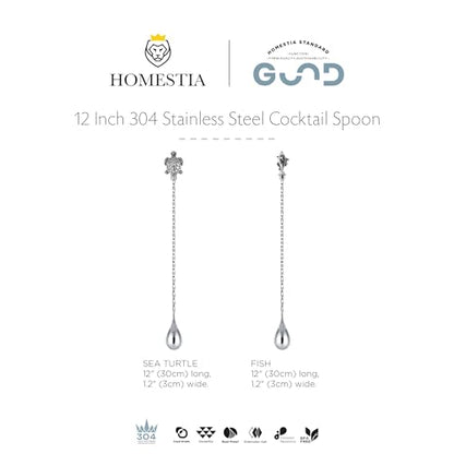 Homestia 12 Inch Bar Spoon, 2 Pcs Cocktail Spoon with Sea Turtle Fish Decor - color: 2PCS Turtle + Fish + Silver