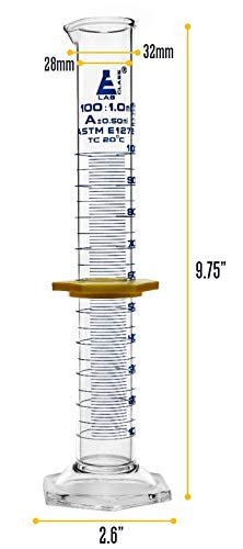 Graduated Cylinder, 100mL - ASTM, Class A Tolerance ±0.50mL - Protective Collar, Hexagonal Base - Blue Graduations - Borosilicate 3.3 Glass - Eisco Labs - size: 100mL