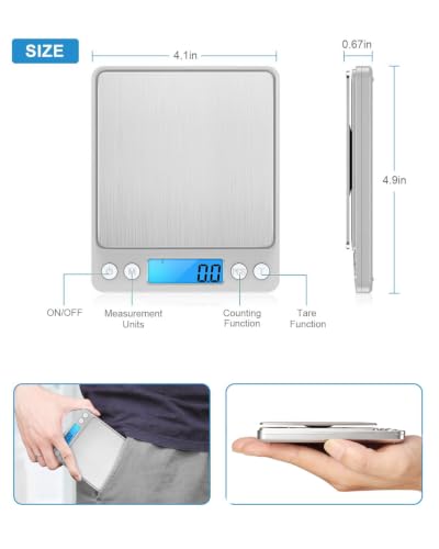 AMIR Digital Kitchen Scale, 3000g 0.01oz/ 0.1g Pocket Coffee Scale, Mini Food Scale, Pro Electronic Jewelry Scale with Back-Lit LCD Display, Tare & PCS Functions, Stainless Steel, Batteries Included - color: Silver