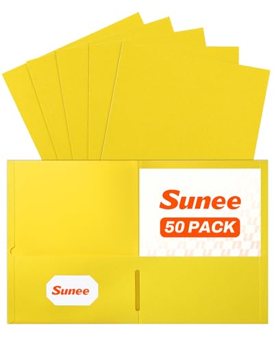 SUNEE Folders with Pockets, 50 Pack File Folders with Business Card Slot, Textured Paper, Fit Letter Size Paper, Paper File Folder for School Office Home Business, Yellow - color: Yellow