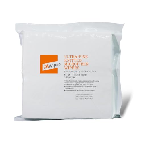 AAwipes Cleanroom Microfiber Wipes Knitted Superfine 6"x6" (100 Counts/Bag, 180gsm, Polyester-Polyamide) Lint Free Cloths for Fiber Optics, Ultrasonic Sealed Edge, Class 100 Cloths (MC18006) - size: 6"X6" 100 Wipes
