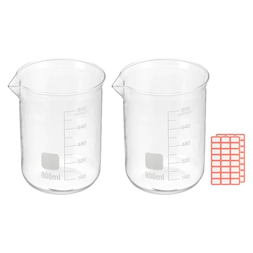 PATIKIL 800ml Glass Beaker, 2 Pack Measuring Glass Beaker Graduated Borosilicate Lab Cups Mug Low Form Heat Safe Transparent with Spout Label for Laboratory Science Kitchen Liquids - size: 800ml
