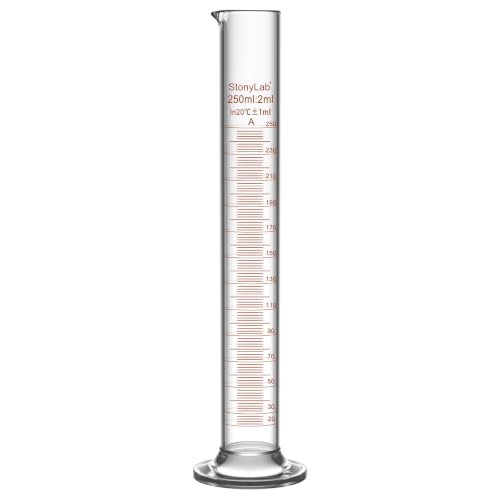 stonylab Class A Graduated Cylinder, 250 ml Borosilicate Glass High Precision Measuring Cylinder with Clear Scale and Stable Base for Laboratory Liquid Measurement - size: 250 ml