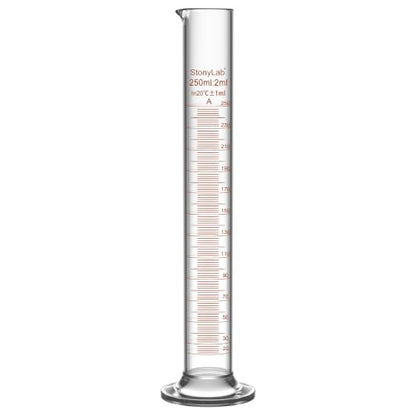 stonylab Class A Graduated Cylinder, 250 ml Borosilicate Glass High Precision Measuring Cylinder with Clear Scale and Stable Base for Laboratory Liquid Measurement - size: 250 ml