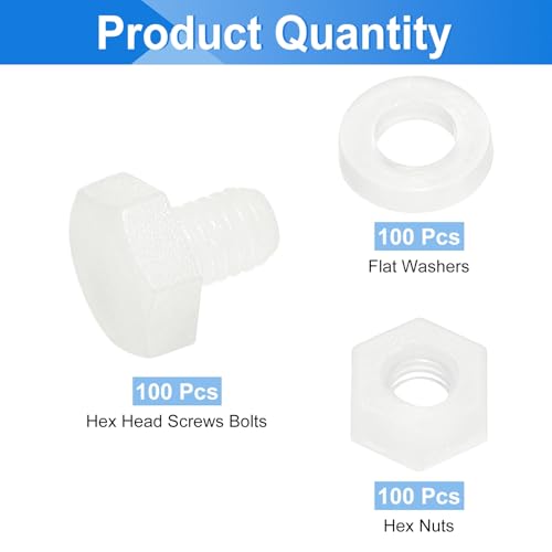 uxcell 300 Pcs/100 Sets Nylon Hex Bolts, M3 x 4mm Plastic Full Threaded Hex Head Screws Bolts and Nuts with Flat Washers for Machinery Electronics Industrial Accessories, White - size: M3 x 4mm