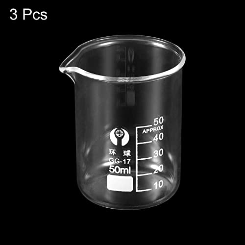 PATIKIL 3Pcs 50ml Low Form Glass Beaker, 3.3 Borosilicate Glass Graduated Printed Scale Measuring Cups with Spout for Kitchen Lab Liquids - size: 50ml