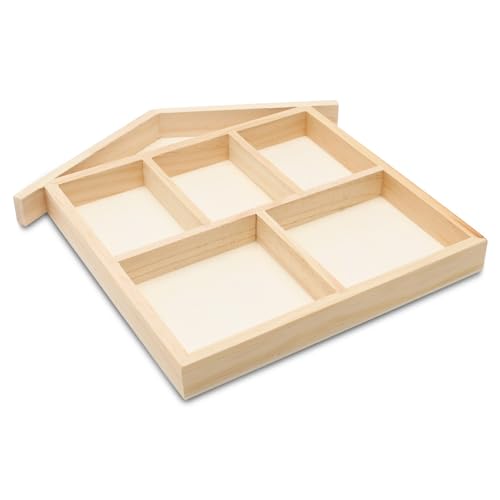 DIY House Shaped Shadow Box 10-inch, Pack of 5, 6-Section Wooden Divided Serving Tray for Crafts & Candy/Food Party Tray, by Woodpeckers - size: 10" x 10" House Shape
