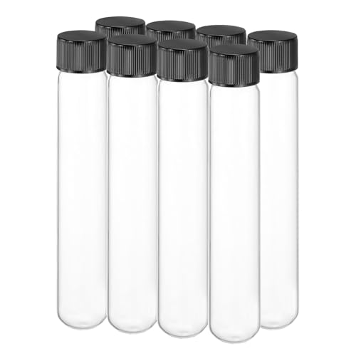 PATIKIL 50ml Test Tubes with Caps, 8pcs Glass Test Tubes Clear Round Bottom Test Tube Containers with Plastic Cap for Bead Candy Bath Salt Storage Scientific Experiment Plant, 25mmx150mm - size: 50ml