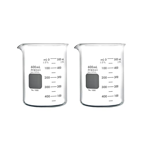 PYREX Griffin Borosilicate Glass Beaker- Low Form Graduated Measuring Beaker with Spout– Premium Scientific Glassware for Laboratories, Classrooms or Home Use - PYREX Chemistry Glassware, 600mL, 2/Pk - size: 600 mL