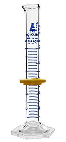 Graduated Cylinder, 10mL - ASTM, Class A Tolerance ±0.10mL - Protective Collar, Hexagonal Base - Blue Graduations - Borosilicate 3.3 Glass - Eisco Labs - size: 10mL