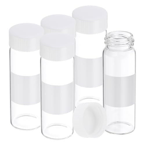 PATIKIL Small Glass Sample Bottles with Lids, 5 Pcs 30ml Clear Glass Vials with White Screw Caps Mini Leak Proof Reagent Sealed Bottles with Writing Label for Solid Liquid Powder Storage - color: White/Clear, size: 30ml