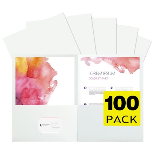 pmybupo 100Pcs White Folders with Pockets and Business Card Holder,2 Pocket Folders for School,Home or Office,Durable Heavy Duty File Folders - color: White 100