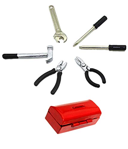Dollhouse Decoration Accessories, 1:12 Dollhouse Miniature Scene Model Work Tools Set with Toolbox 7 Pcs (Black Tools+Red Box, As Shown) - color: Black Tools+red Box