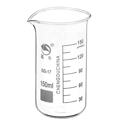 PATIKIL 150ml Tall Form Glass Beaker, 3.3 Borosilicate Glass Graduated Printed Scale Measuring Cups with Spout for Kitchen Lab Liquids Transit Boiling - size: 150ml
