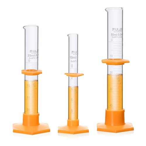 ULAB Measuring Cylinder Set,one Each of vol.10, 25,50ml, 3.3 Borosilicate Glass Material, with Plastic hex Base, Class B,UMC1009 - style: 10ml 25ml 50ml