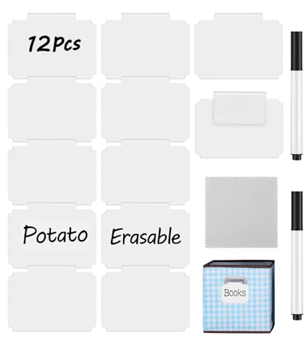 Erasable Label Clips - 12 White PVC Bin Tags with 2 Chalk Markers | Reusable Basket Clips for Pantry, Warehouse & Home Organization, Eco-Friendly Chalkboard Labels - style: Rectangular 12 (White)