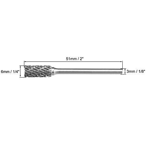 uxcell Tungsten Carbide Rotary Files 1/8"(3mm) Shank, Double Cut Top Toothed Cylinder Shape Rotary Burrs Tool 6mm Dia, for Die Grinder Drill Bit Wood Soft Metal Carving Polishing, 2pcs - size: 51x3x6mm