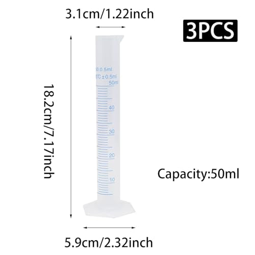 3Pcs 50ml Clear Plastic Cylinder Measuring Cup, Blue Scale Line