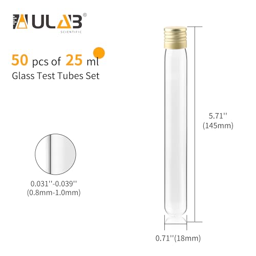 ULAB Scientific 50pcs 25ml Glass Test Tubes with Aluminum Screw Caps, Borosilicate Glass, Dia.18x145mm, Thickness 0.8-1.0mm, UTT1025 - style: 50pcs 25ml Glass Test Tubes with Stopper